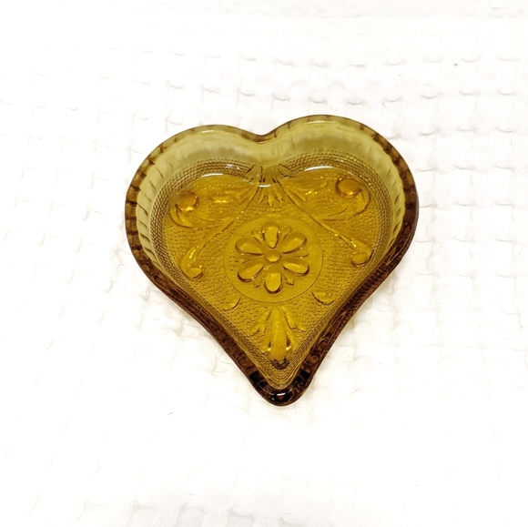 Vintage Amber Heart Glass Trinket Dish